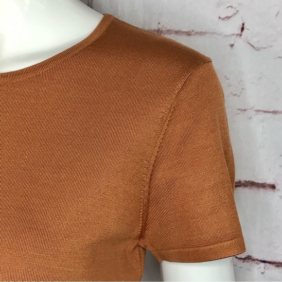 JONES NY PETITE MEDIUM Silk fine ribbed knit caramel brown short sleeve top MP - Picture 10 of 12